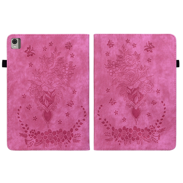For Nokia T21 Butterfly Rose Embossed Leather Tablet Case(Rose Red)