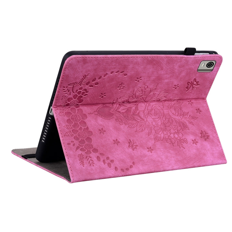 For Nokia T21 Butterfly Rose Embossed Leather Tablet Case(Rose Red)