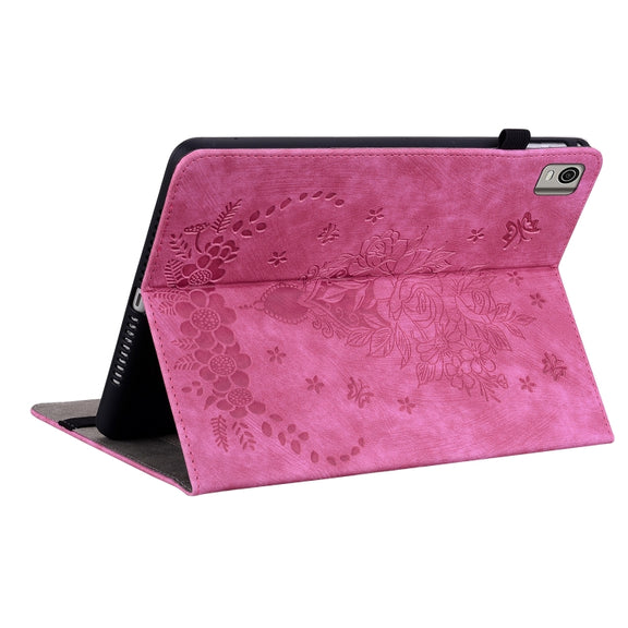 For Nokia T21 Butterfly Rose Embossed Leather Tablet Case(Rose Red)