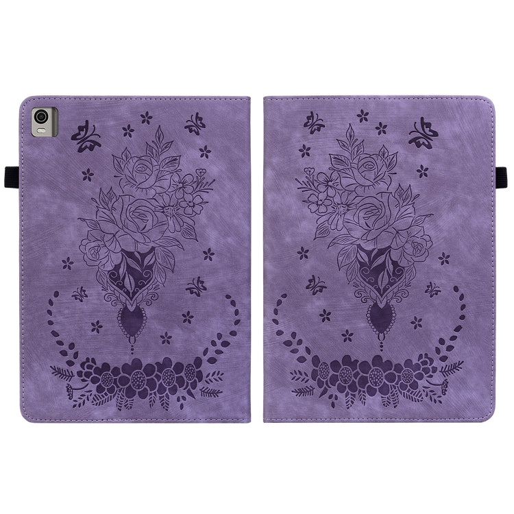 For Nokia T21 Butterfly Rose Embossed Leather Tablet Case(Purple)