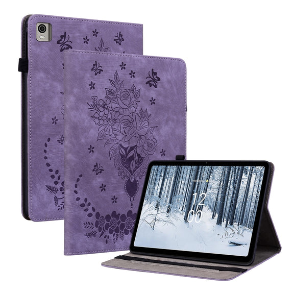 For Nokia T21 Butterfly Rose Embossed Leather Tablet Case(Purple)
