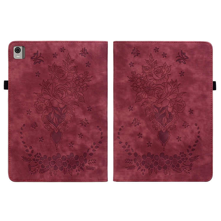 For Nokia T21 Butterfly Rose Embossed Leather Tablet Case(Red)