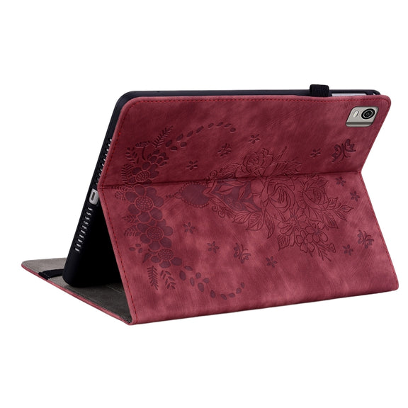 For Nokia T21 Butterfly Rose Embossed Leather Tablet Case(Red)