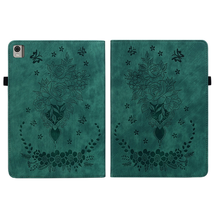 For Nokia T21 Butterfly Rose Embossed Leather Tablet Case(Green)