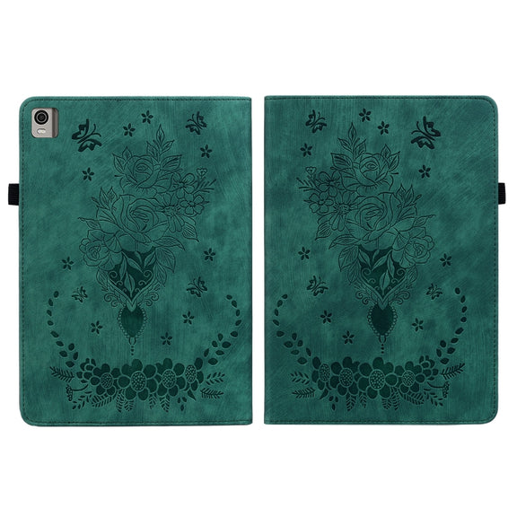 For Nokia T21 Butterfly Rose Embossed Leather Tablet Case(Green)