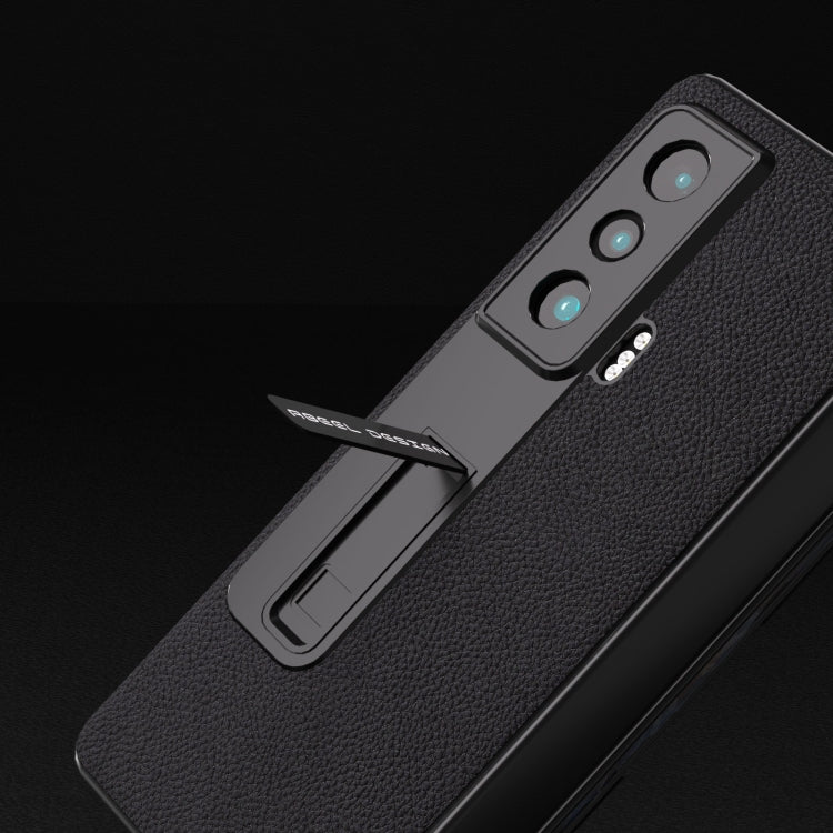 For Honor Magic Vs Integrated Genuine Leather + PC Litchi Texture Phone Case with Holder(Black)