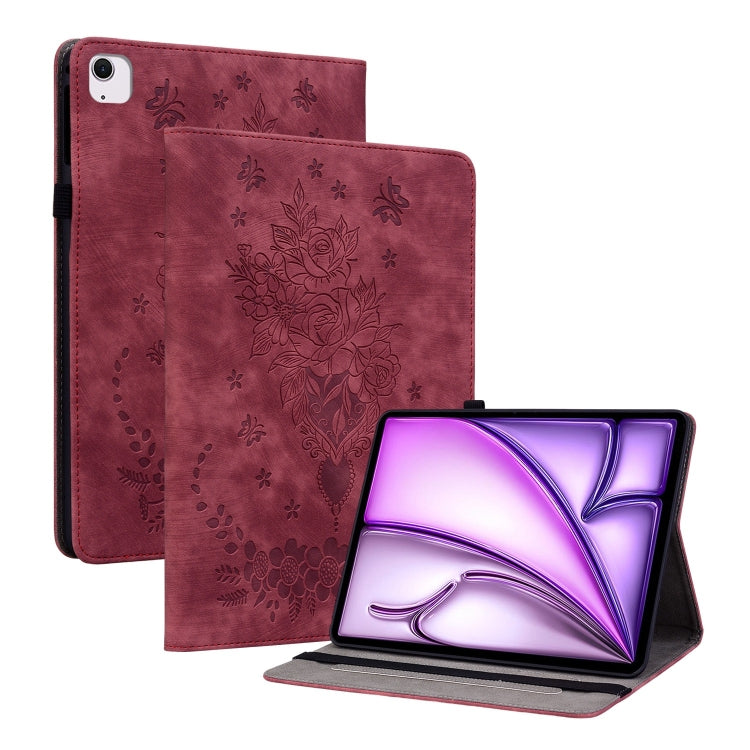 For iPad Air 11 2025 / 2024 Butterfly Rose Embossed Leather Smart Tablet Case(Red)