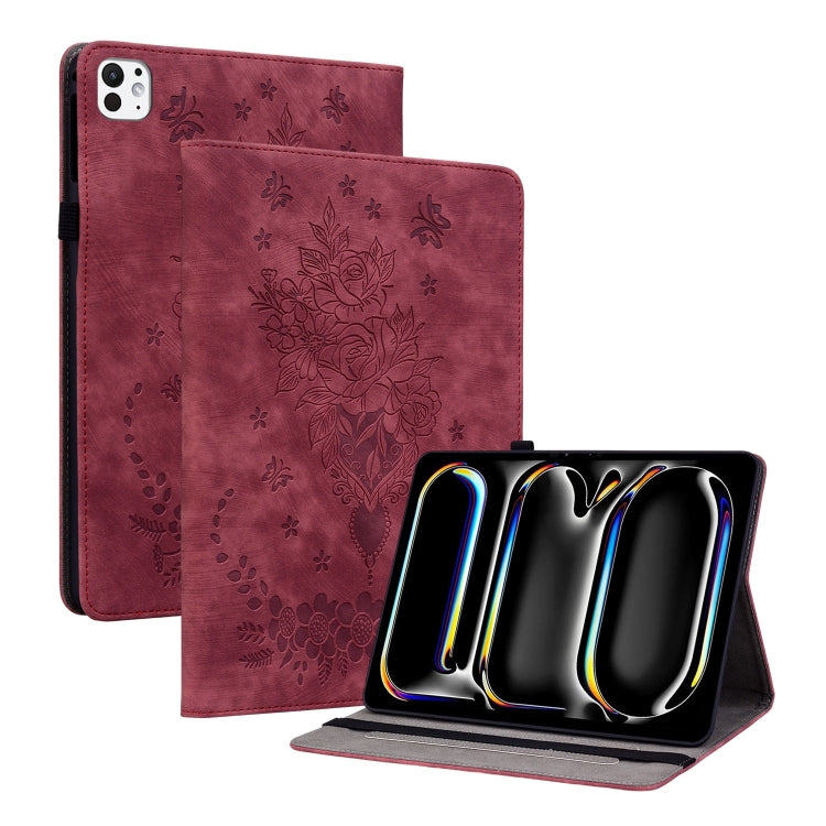 For iPad Pro 11 2024 Butterfly Rose Embossed Leather Smart Tablet Case(Red)