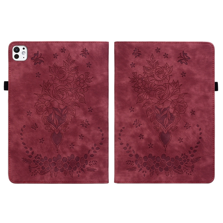 For iPad Pro 11 2024 Butterfly Rose Embossed Leather Smart Tablet Case(Red)