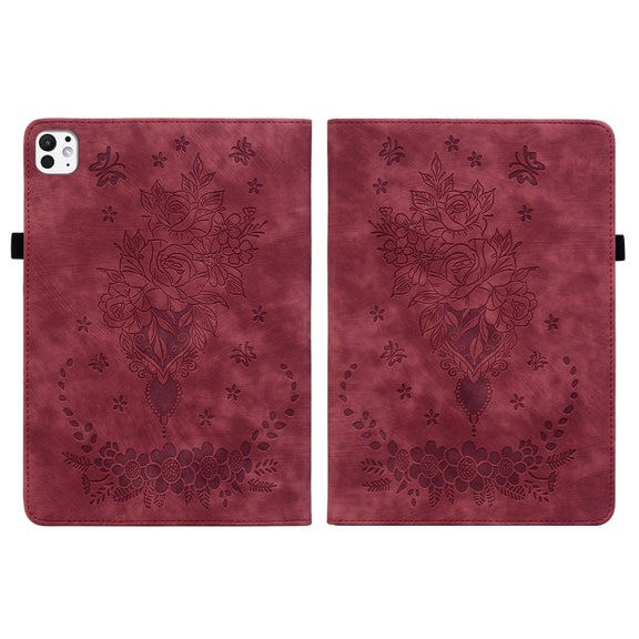 For iPad Pro 11 2024 Butterfly Rose Embossed Leather Smart Tablet Case(Red)
