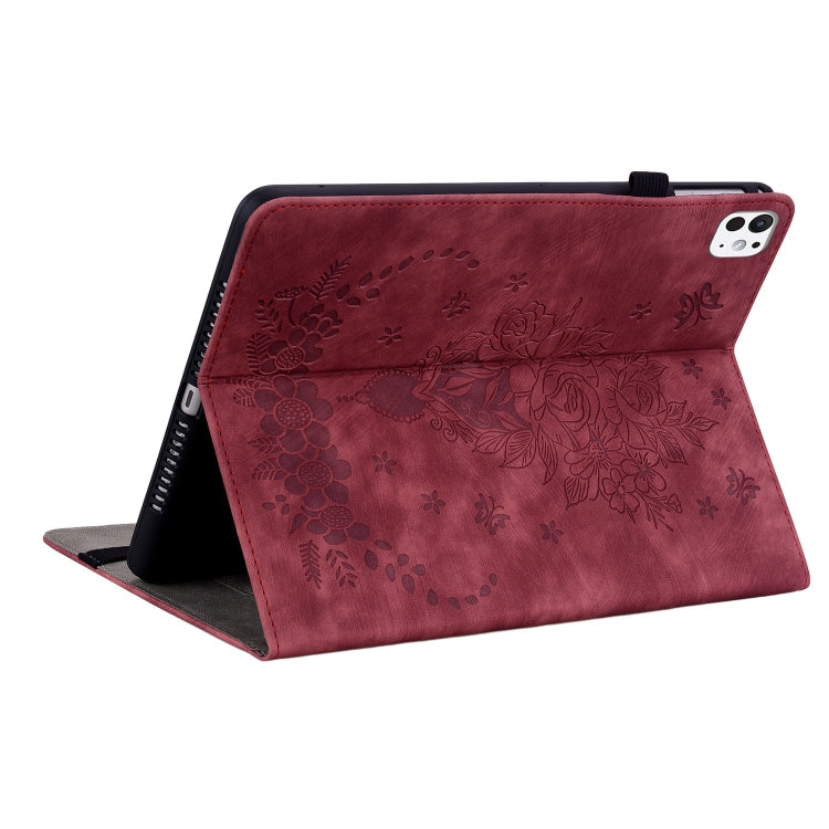 For iPad Pro 11 2024 Butterfly Rose Embossed Leather Smart Tablet Case(Red)