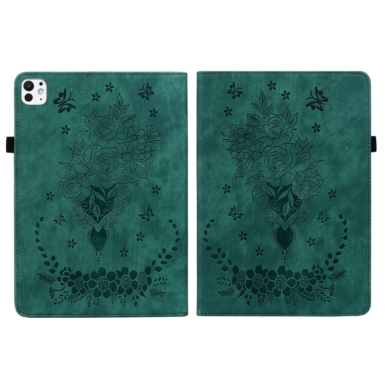 For iPad Pro 11 2024 Butterfly Rose Embossed Leather Smart Tablet Case(Green)