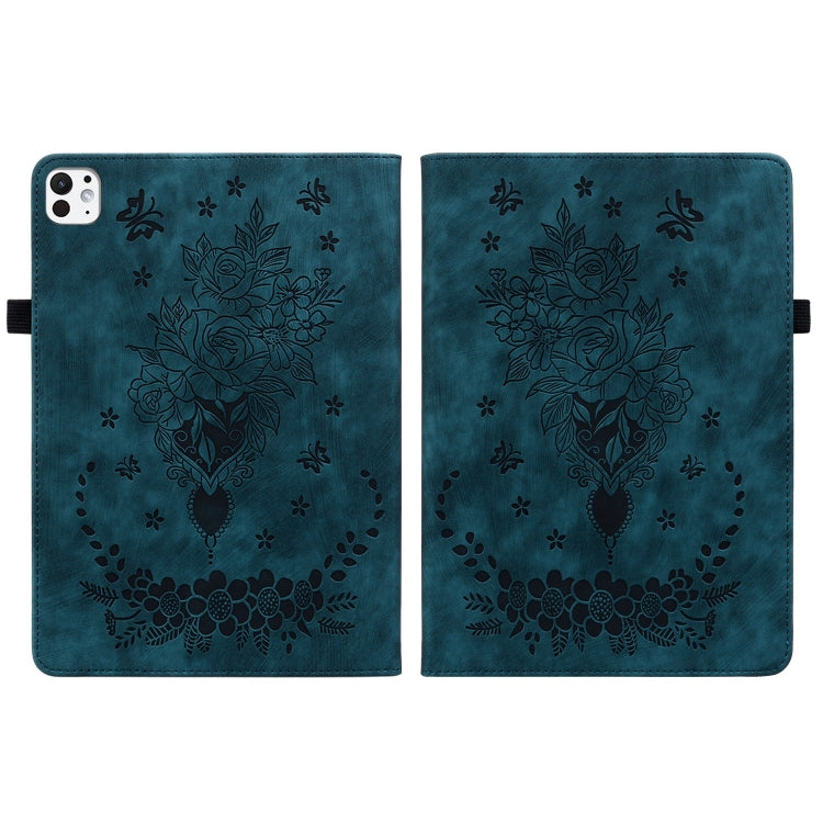 For iPad Pro 11 2024 Butterfly Rose Embossed Leather Smart Tablet Case(Dark Blue)