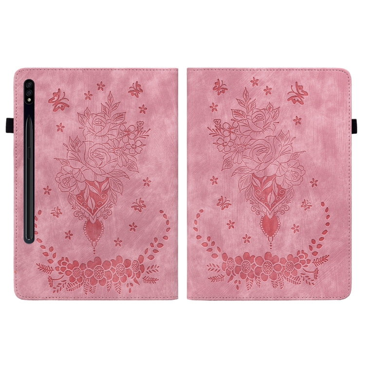 For Samsung Galaxy Tab S9 Butterfly Rose Embossed Leather Tablet Case(Pink)