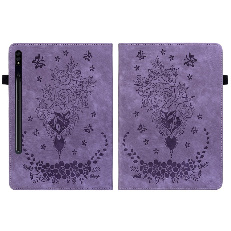 For Samsung Galaxy Tab S9 Butterfly Rose Embossed Leather Tablet Case(Purple)