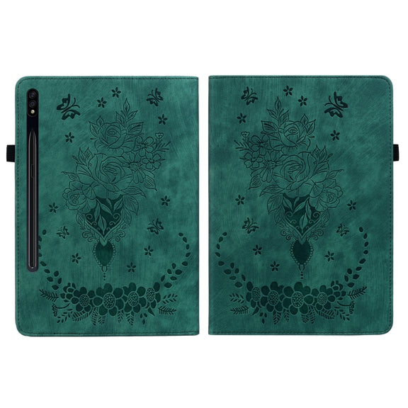 For Samsung Galaxy Tab S9 Butterfly Rose Embossed Leather Tablet Case(Green)