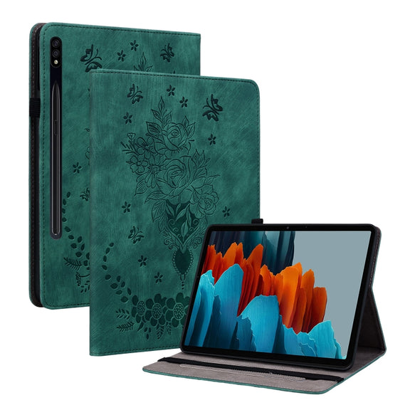 For Samsung Galaxy Tab S9 Butterfly Rose Embossed Leather Tablet Case(Green)