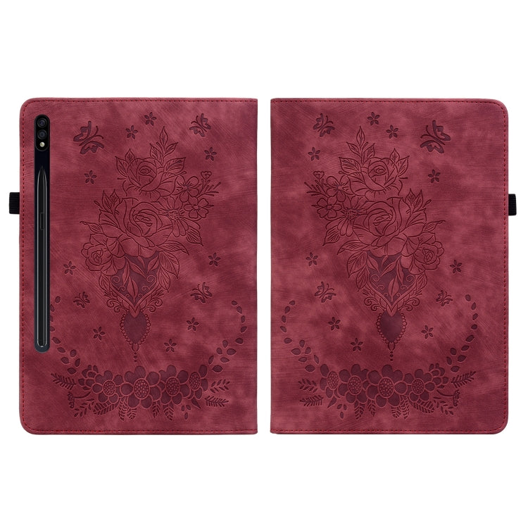 For Samsung Galaxy Tab S9+ Butterfly Rose Embossed Leather Tablet Case(Red)