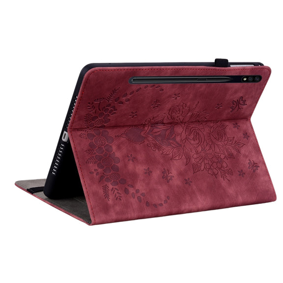 For Samsung Galaxy Tab S9+ Butterfly Rose Embossed Leather Tablet Case(Red)