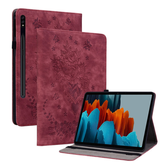 For Samsung Galaxy Tab S9+ Butterfly Rose Embossed Leather Tablet Case(Red)