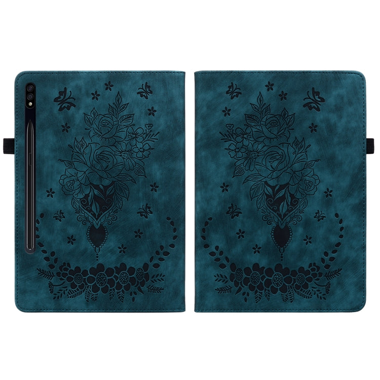 For Samsung Galaxy Tab S9+ Butterfly Rose Embossed Leather Tablet Case(Dark Blue)