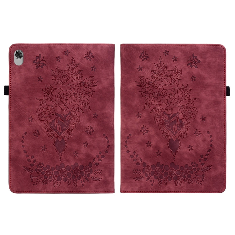 For Lenovo M10 Plus Butterfly Rose Embossed Leather Tablet Case(Red)