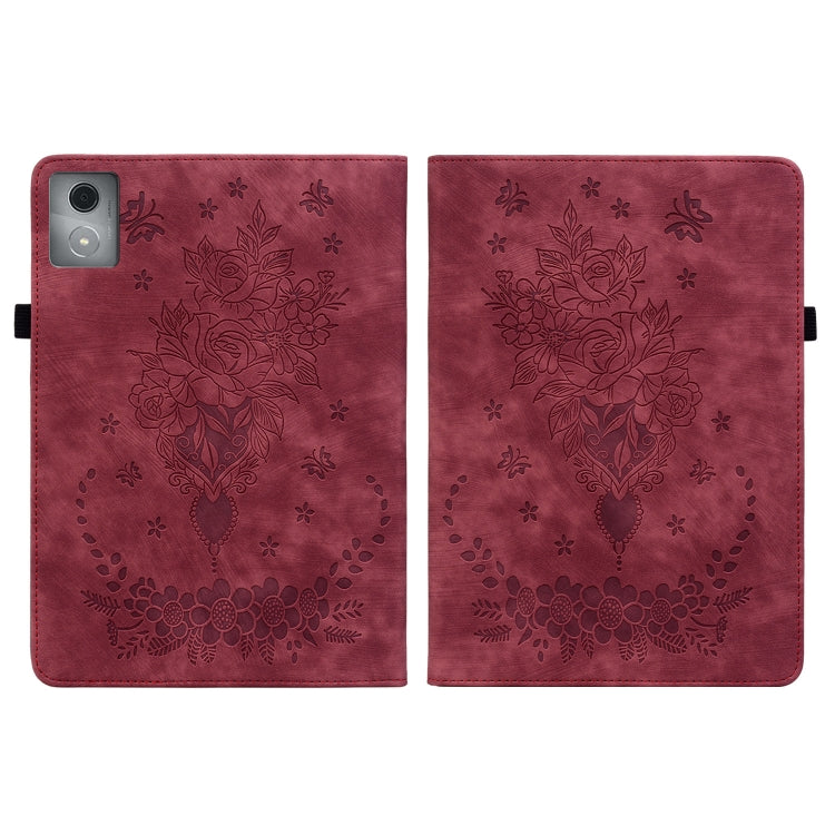 For Lenovo Tab K11 Plus Butterfly Rose Embossed Leather Tablet Case(Red)