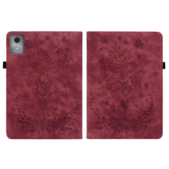 For Lenovo Tab K11 Plus Butterfly Rose Embossed Leather Tablet Case(Red)