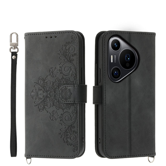 For Huawei Pura 70 Pro / Pura 70 Pro+ Skin-feel Flowers Embossed Wallet Leather Phone Case(Black)