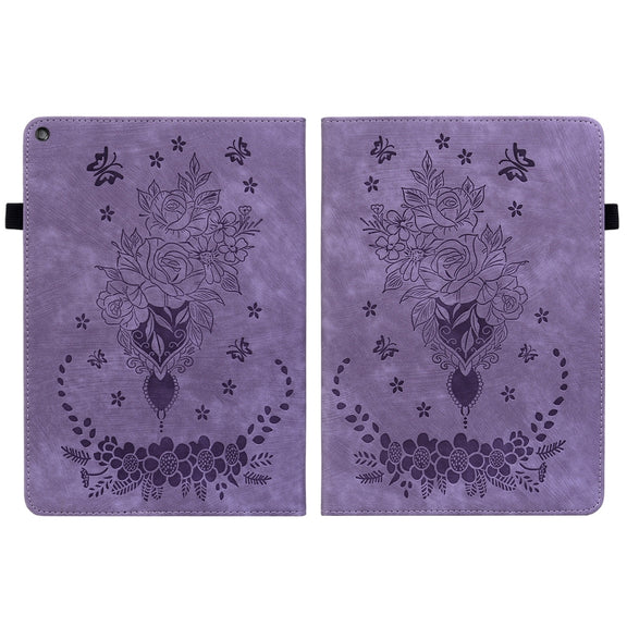 For Amazon Kindle Fire HD10 2019 / 2017 Butterfly Rose Embossed Leather Smart Tablet Case(Purple)
