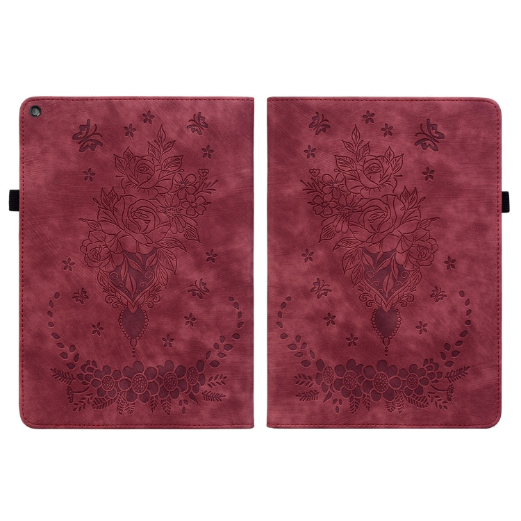 For Amazon Kindle Fire HD10 2019 / 2017 Butterfly Rose Embossed Leather Smart Tablet Case(Red)