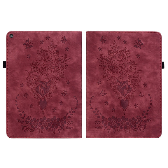 For Amazon Kindle Fire HD10 2019 / 2017 Butterfly Rose Embossed Leather Smart Tablet Case(Red)