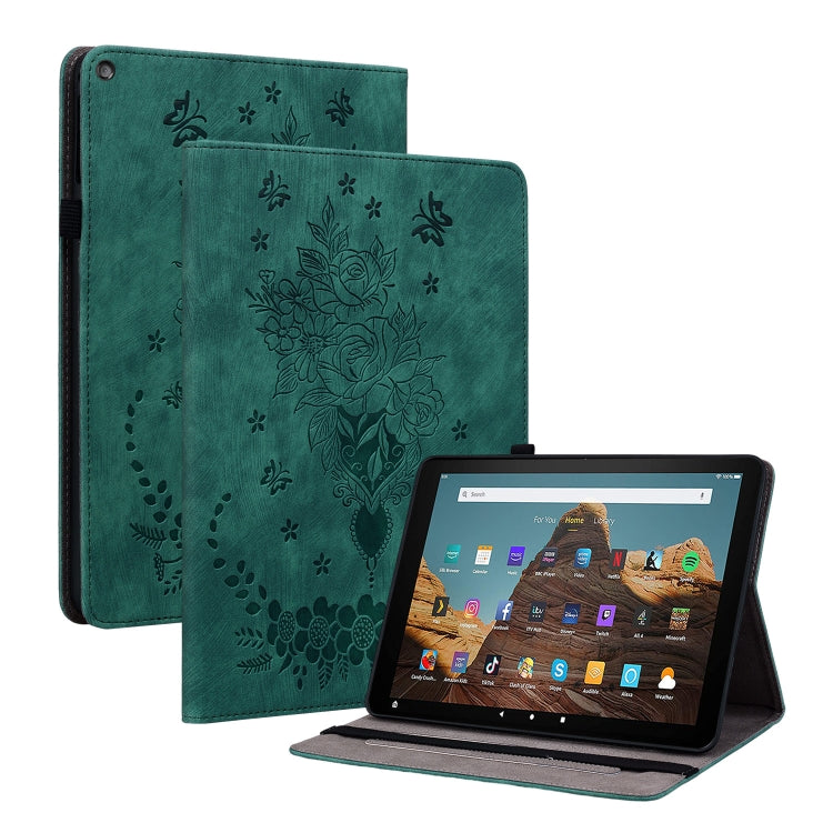 For Amazon Kindle Fire HD10 2019 / 2017 Butterfly Rose Embossed Leather Smart Tablet Case(Green)