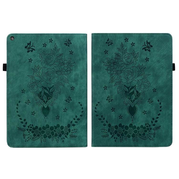 For Amazon Kindle Fire HD10 2019 / 2017 Butterfly Rose Embossed Leather Smart Tablet Case(Green)