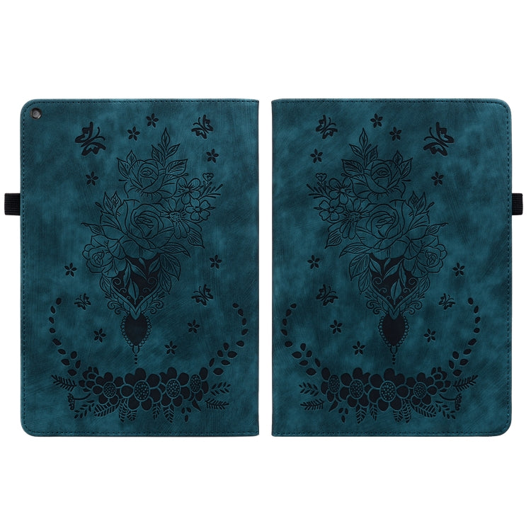 For Amazon Kindle Fire HD10 2019 / 2017 Butterfly Rose Embossed Leather Smart Tablet Case(Dark Blue)