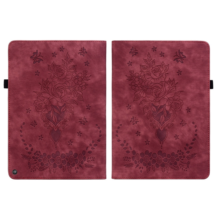 For Amazon Kindle Fire HD10 2021 Butterfly Rose Embossed Leather Smart Tablet Case(Red)