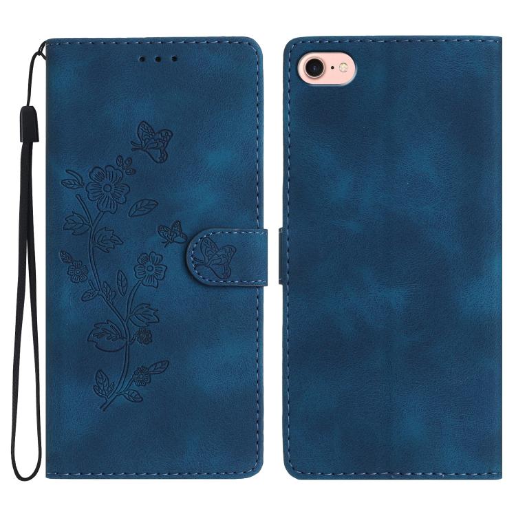 For iPhone 16e Flower Butterfly Embossing Pattern Leather Phone Case(Blue)