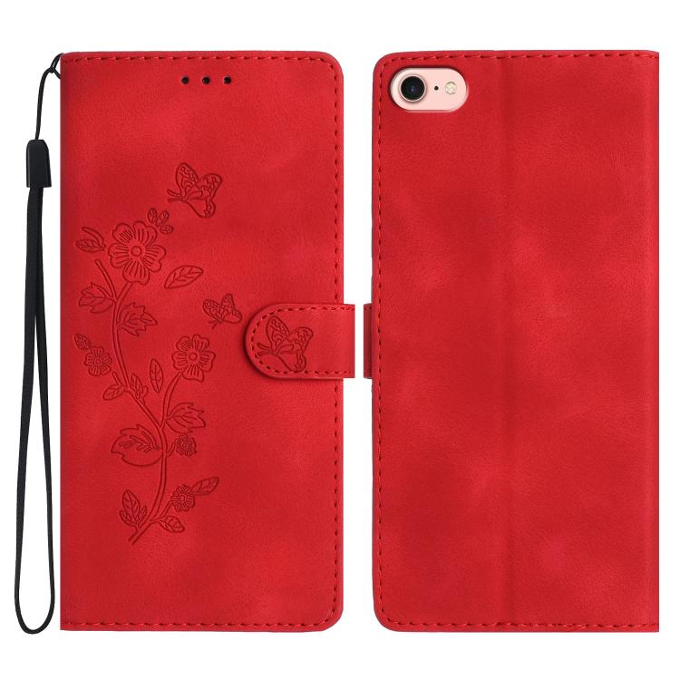 For iPhone 16e Flower Butterfly Embossing Pattern Leather Phone Case(Red)