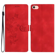 For iPhone 16e Flower Butterfly Embossing Pattern Leather Phone Case(Red)