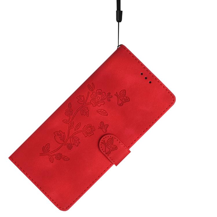 For iPhone 16e Flower Butterfly Embossing Pattern Leather Phone Case(Red)