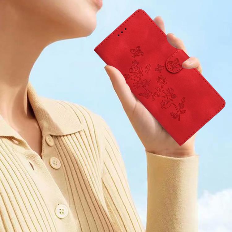 For iPhone 16e Flower Butterfly Embossing Pattern Leather Phone Case(Red)
