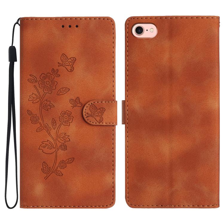 For iPhone 16e Flower Butterfly Embossing Pattern Leather Phone Case(Brown)