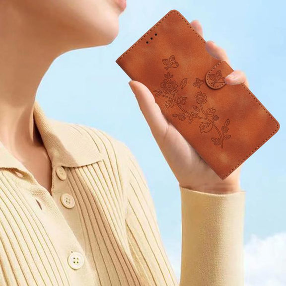 For iPhone 16e Flower Butterfly Embossing Pattern Leather Phone Case(Brown)