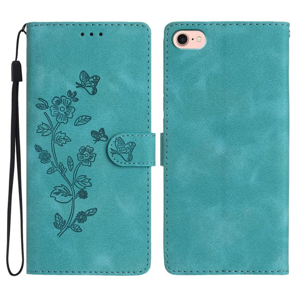 For iPhone 16e Flower Butterfly Embossing Pattern Leather Phone Case(Sky Blue)