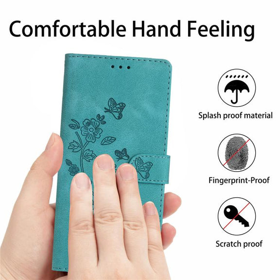 For iPhone 16e Flower Butterfly Embossing Pattern Leather Phone Case(Sky Blue)