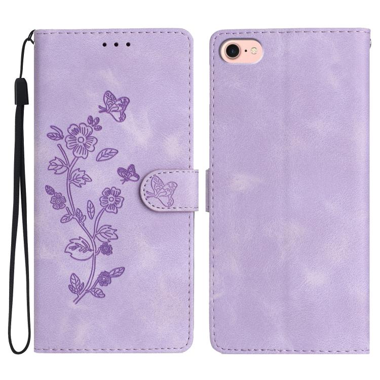 For iPhone 16e Flower Butterfly Embossing Pattern Leather Phone Case(Purple)