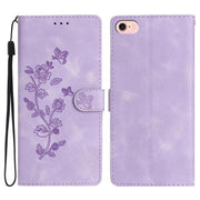 For iPhone 16e Flower Butterfly Embossing Pattern Leather Phone Case(Purple)