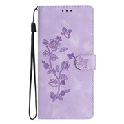 For iPhone 16e Flower Butterfly Embossing Pattern Leather Phone Case(Purple)