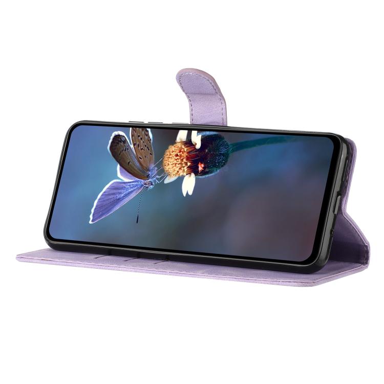 For iPhone 16e Flower Butterfly Embossing Pattern Leather Phone Case(Purple)