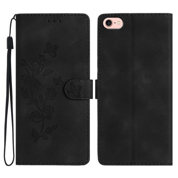 For iPhone 16e Flower Butterfly Embossing Pattern Leather Phone Case(Black)